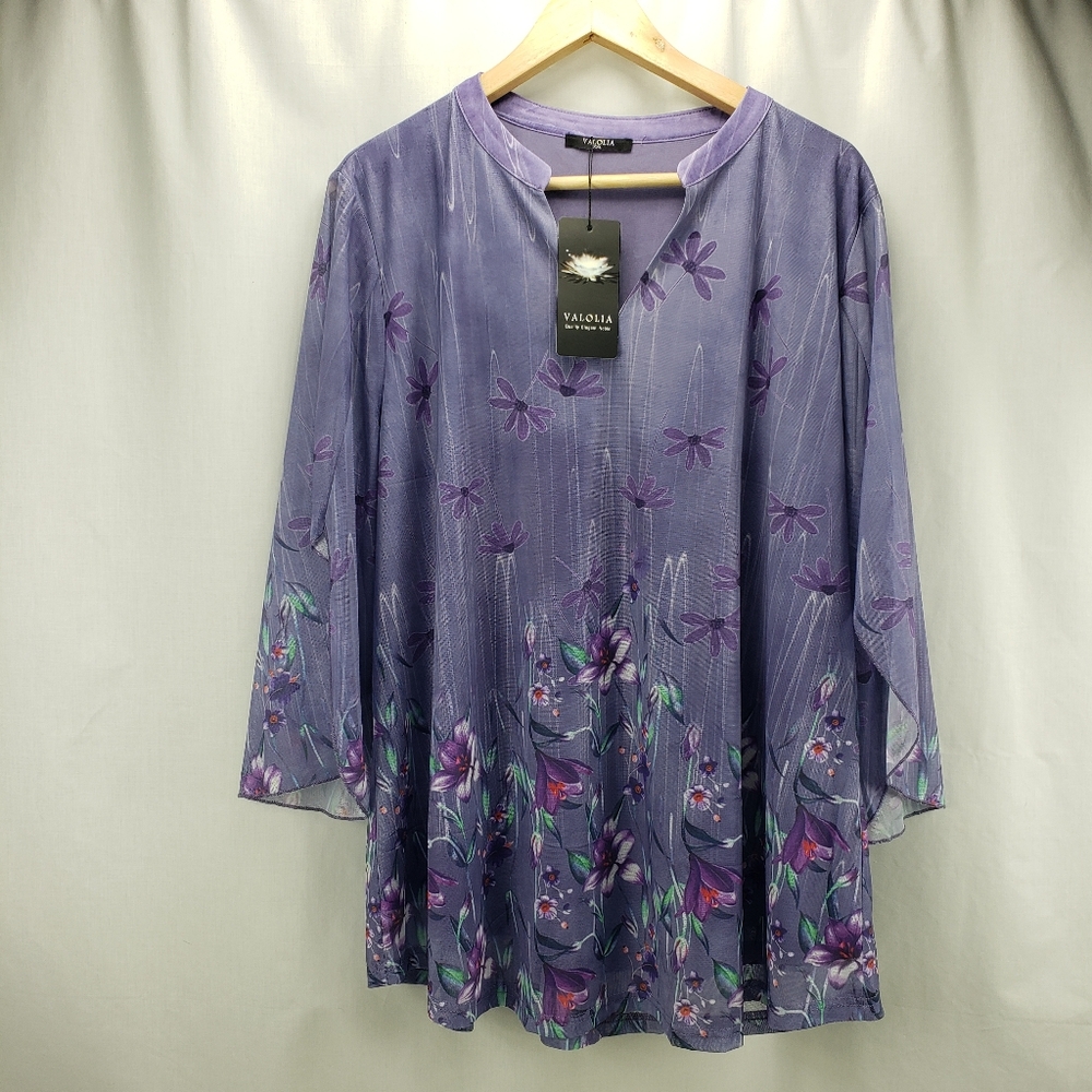 Valolia Tunic Top 3/4 Sleeves Purple Flowy Floral Pattern Lightweight 2XL NWT